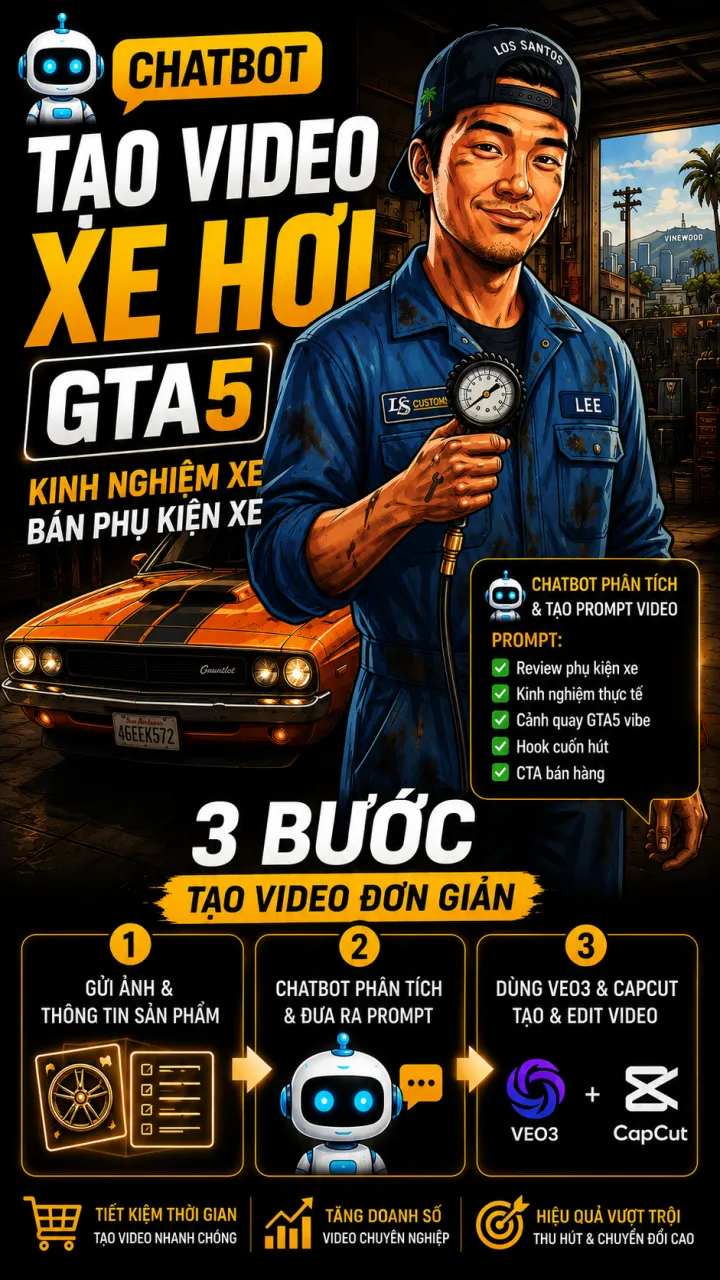 Mẫu câu lệnh ( prompt) - Cách tạo video kinh nghiệm xe hơi - bán phụ kiện xe GTA5