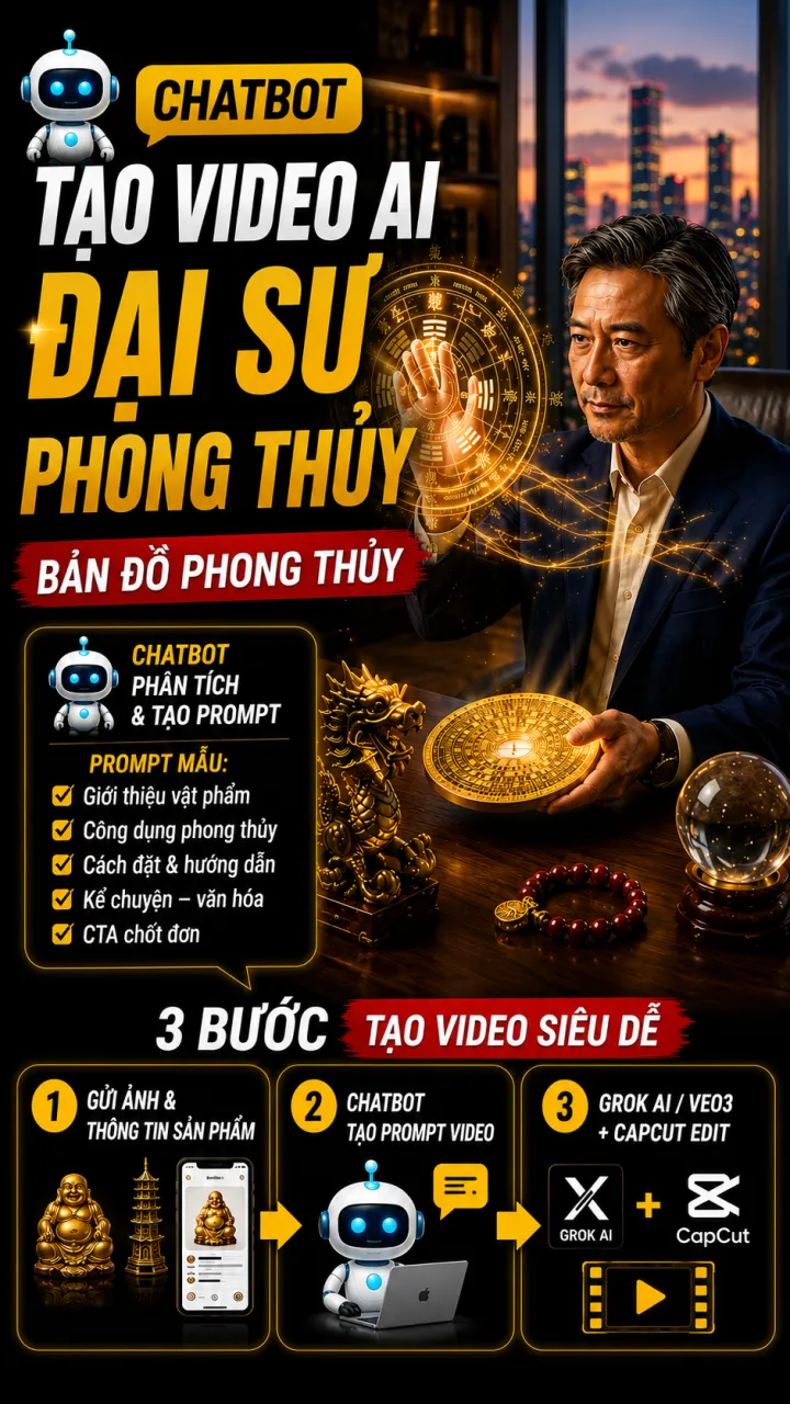 Mẫu câu lệnh (prompt) - Tạo Video AI đại sư phong thủy - bán đồ phong thủy