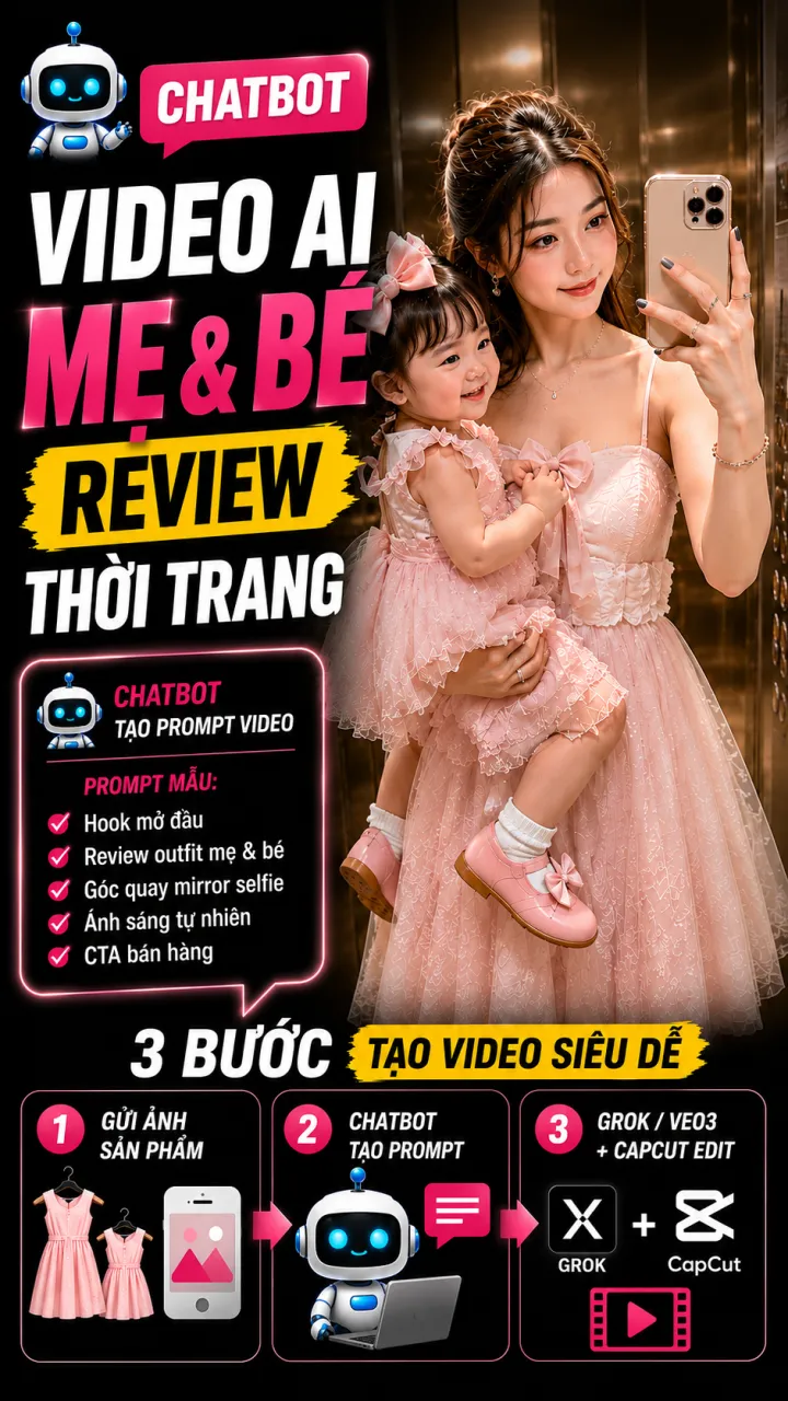 Mẫu câu lệnh ( prompt) - Cách tạo video AI thời trang mẹ và bé