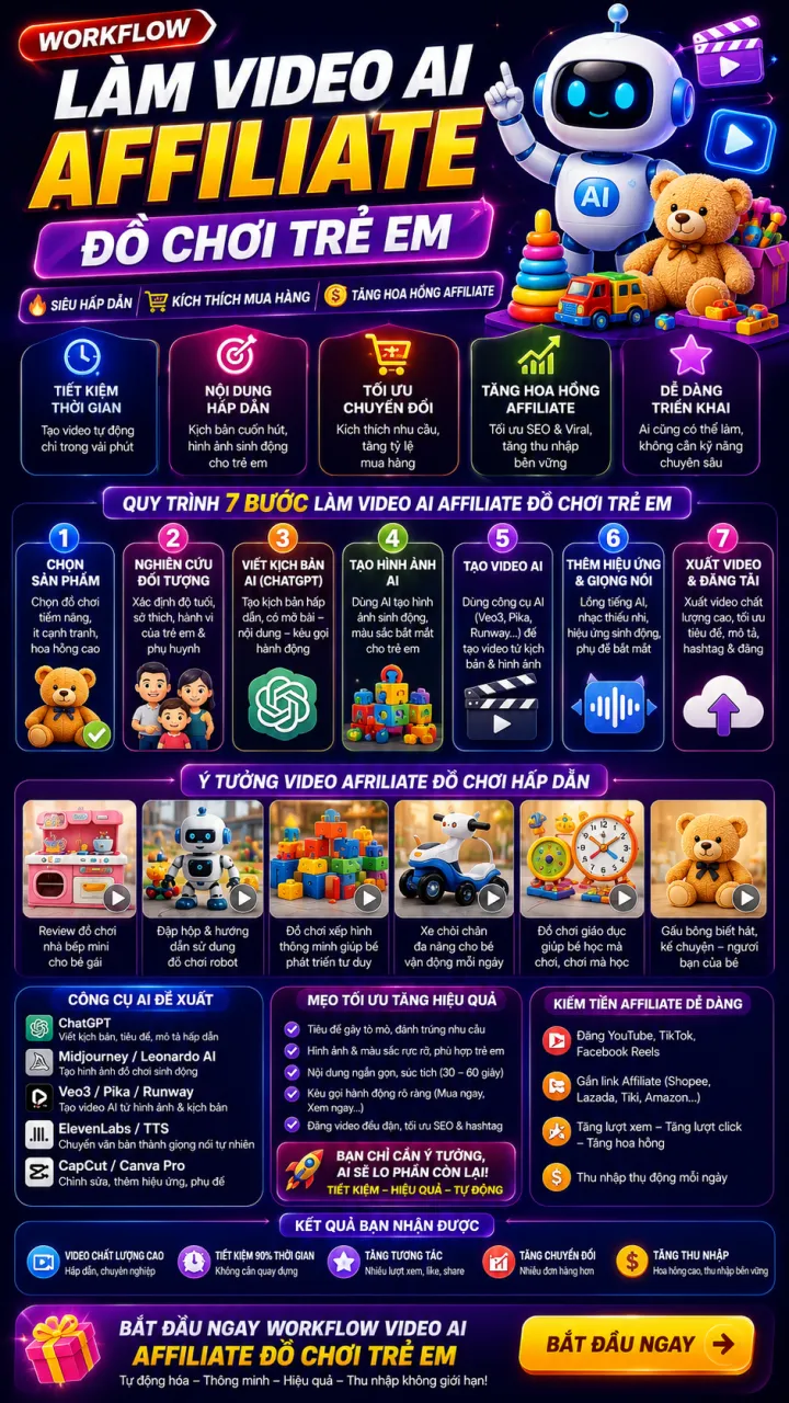 WORKFLOW Làm video AI Affiliate Đồ Chơi Trẻ Em