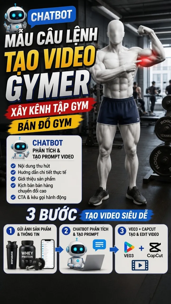 Mẫu câu lệnh ( prompt) -Tạo video Gymer xây kênh tập Gym - bán đồ Gym .