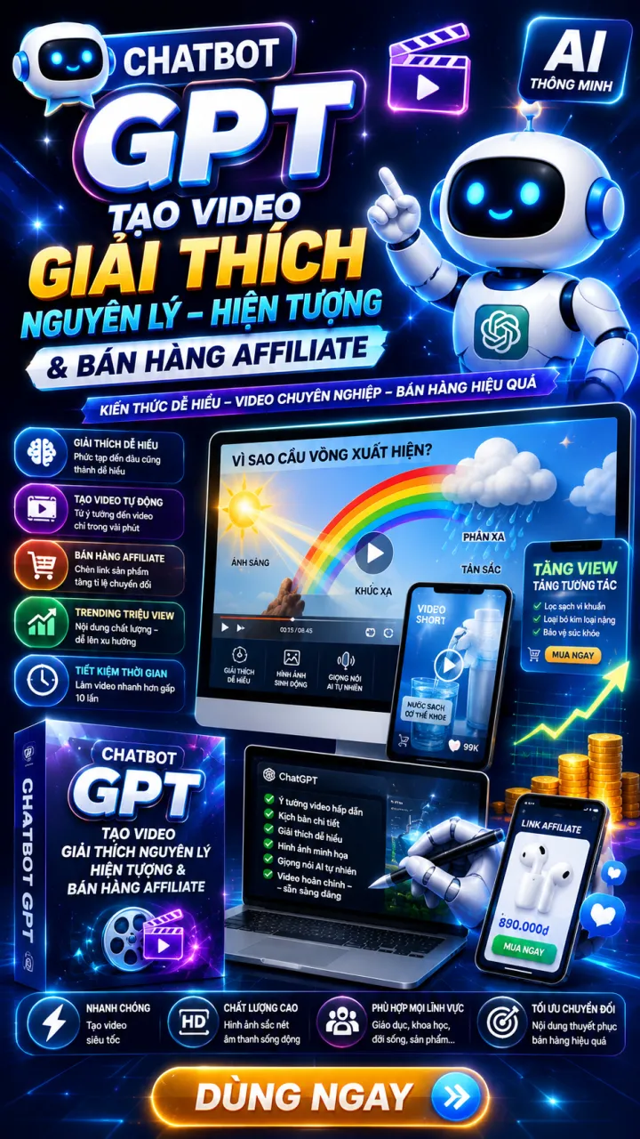 Chatbot GPT Tạo Video Giải Thích Nguyên Lý Khoa Học Kết Hợp Bán Hàng Affiliate