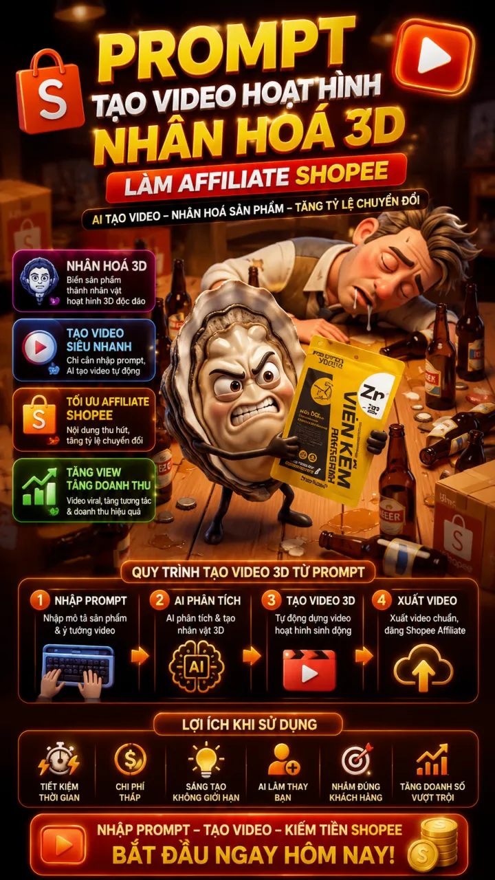 Prompt Tạo Video Hoạt Hình Nhân Hoá 3D Làm Affiliate Shopee