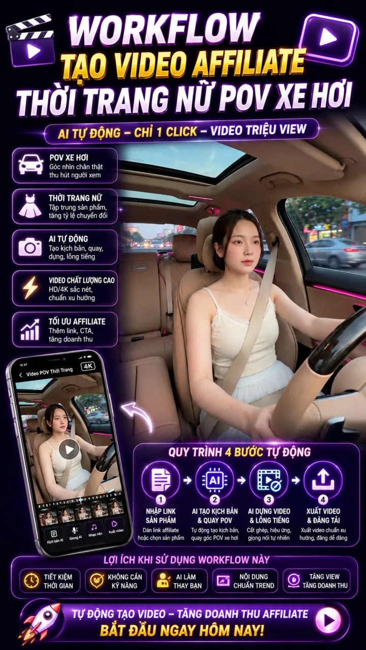 Workflow tạo video affiliate thời trang nữ pov xe hơi