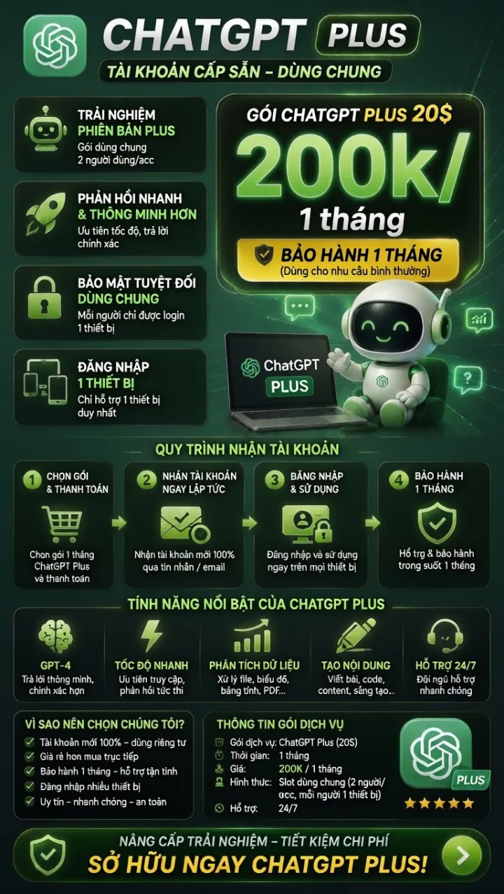 Chatgpt plus 1 tháng tài khoản cấp sẵn slot DÙNG CHUNG