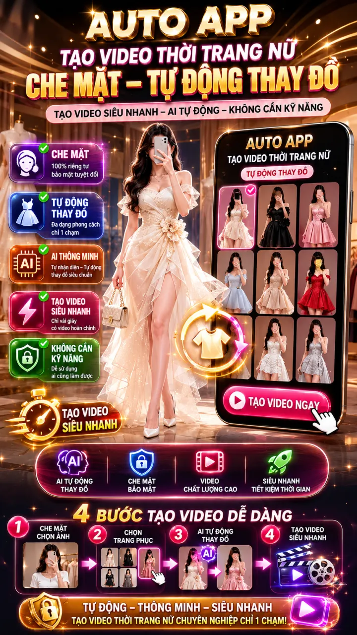 AUTO APP TẠO VIDEO THỜI TRANG NỮ CHE MẶT-TỰ ĐỘNG THAY ĐỒ