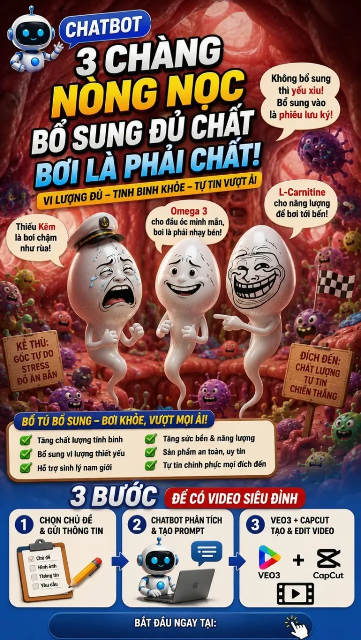Mẫu câu lệnh (prompt)-Tạo video nòng nọc nói chuyện sinh lý - bán thực phẩm chức năng