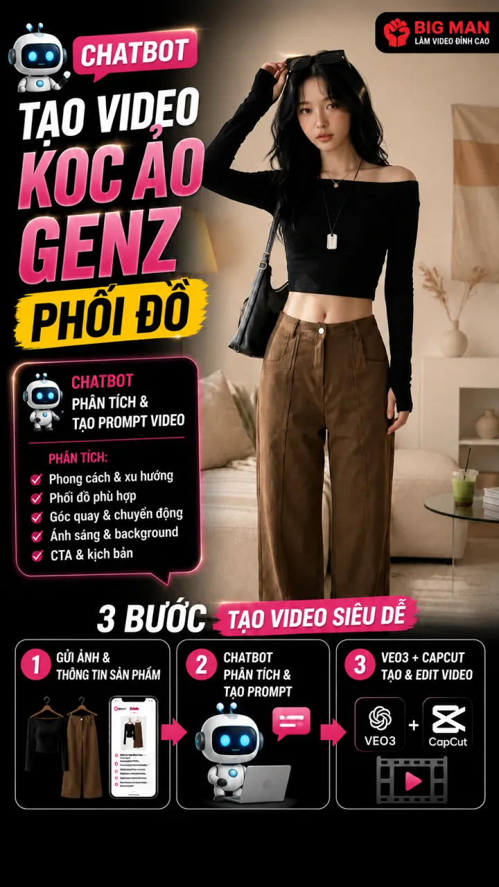 Mẫu câu lệnh (prompt)- Tạo video KOC ảo GenZ - Phối đồ - cắt cảnh nhanh