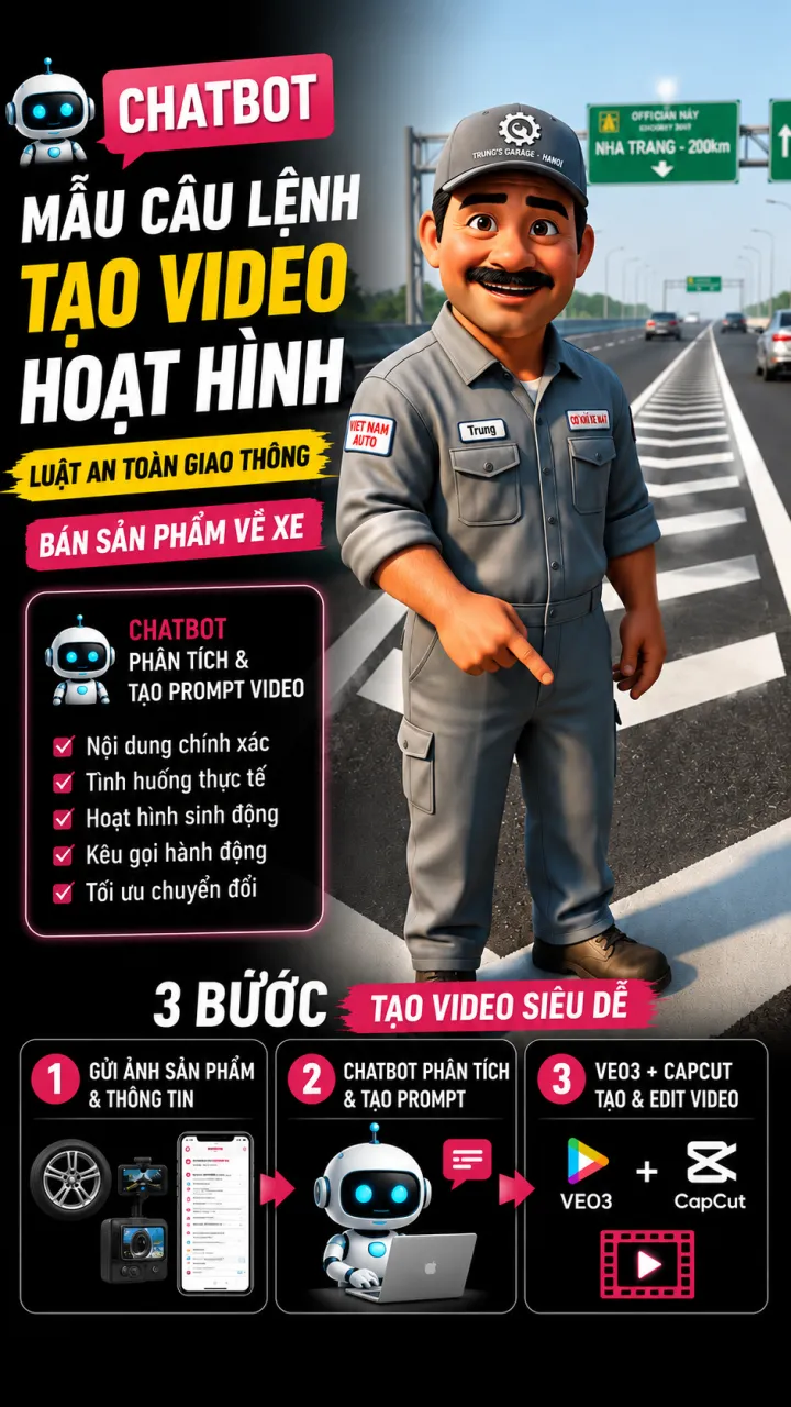 Mẫu câu lệnh (prompt)- Tạo video hoạt hình luật an toàn giao thông - bán sản phẩm về xe