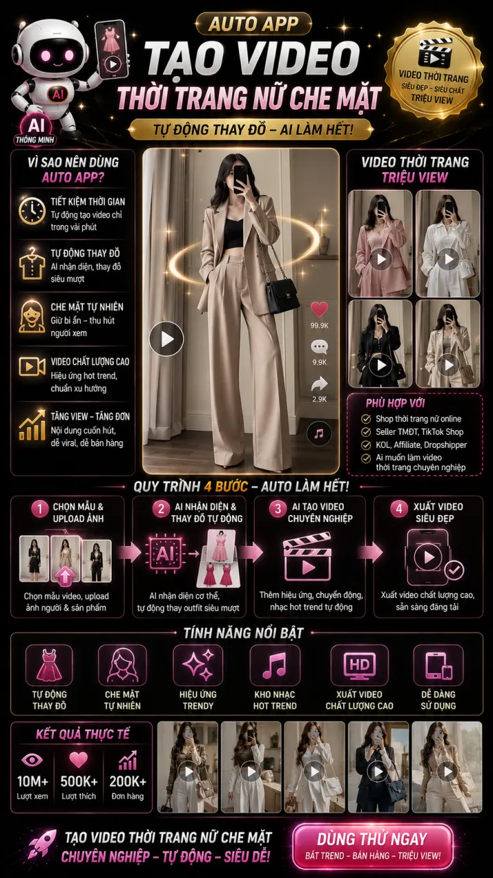 App AI Tạo Video Fashion Nữ Tự Động Thay Outfit