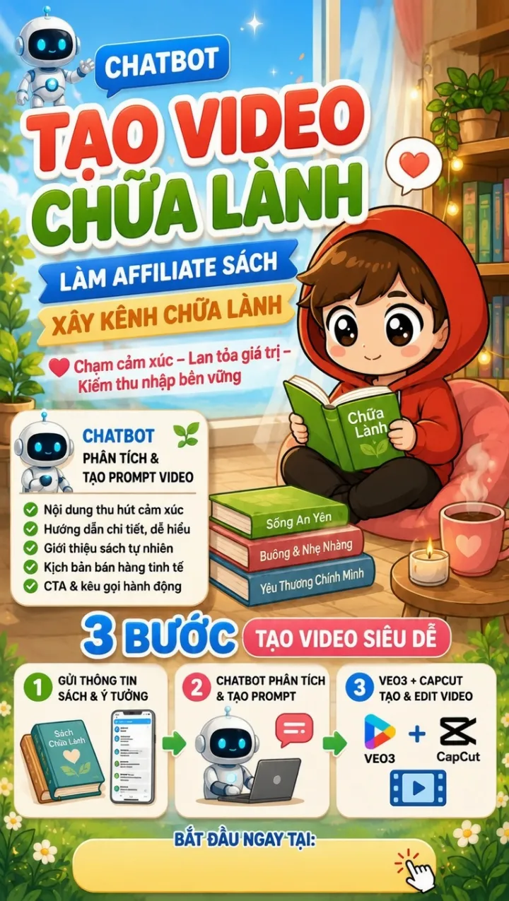 Chatbot Chibi 2D phong cách chữa lành - làm Affiliate sách - xây kênh chữa lanh