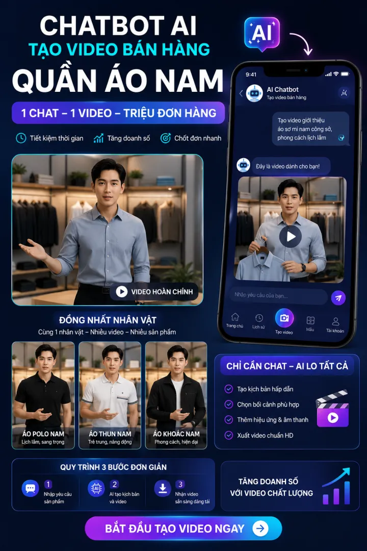 Chatbot tạo video BÁN QUẦN ÁO CHO NAM đồng nhất nhân vật