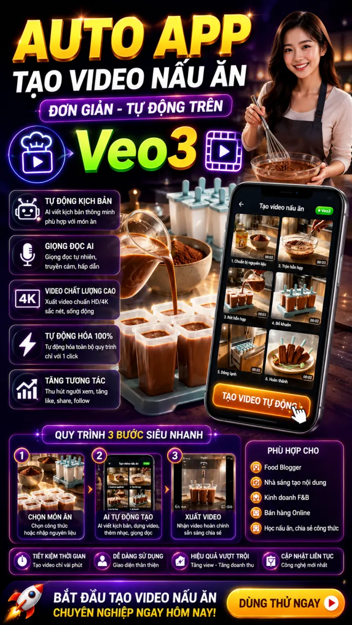 AUTO APP - Tạo Video Nấu Ăn Đơn Giản Tự Động Trên Veo3