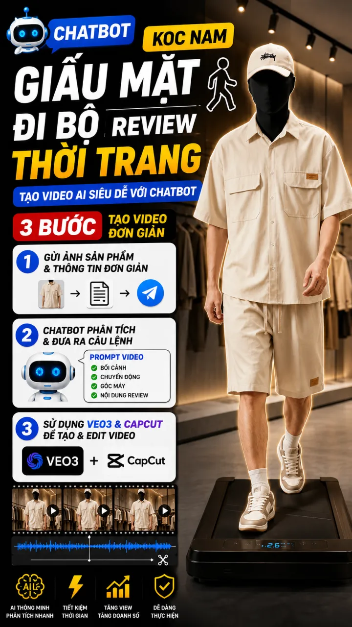 Mẫu câu lệnh ( prompt) - Tạo video KOC NAM giấu mặt trên máy chạy bộ review thời trang