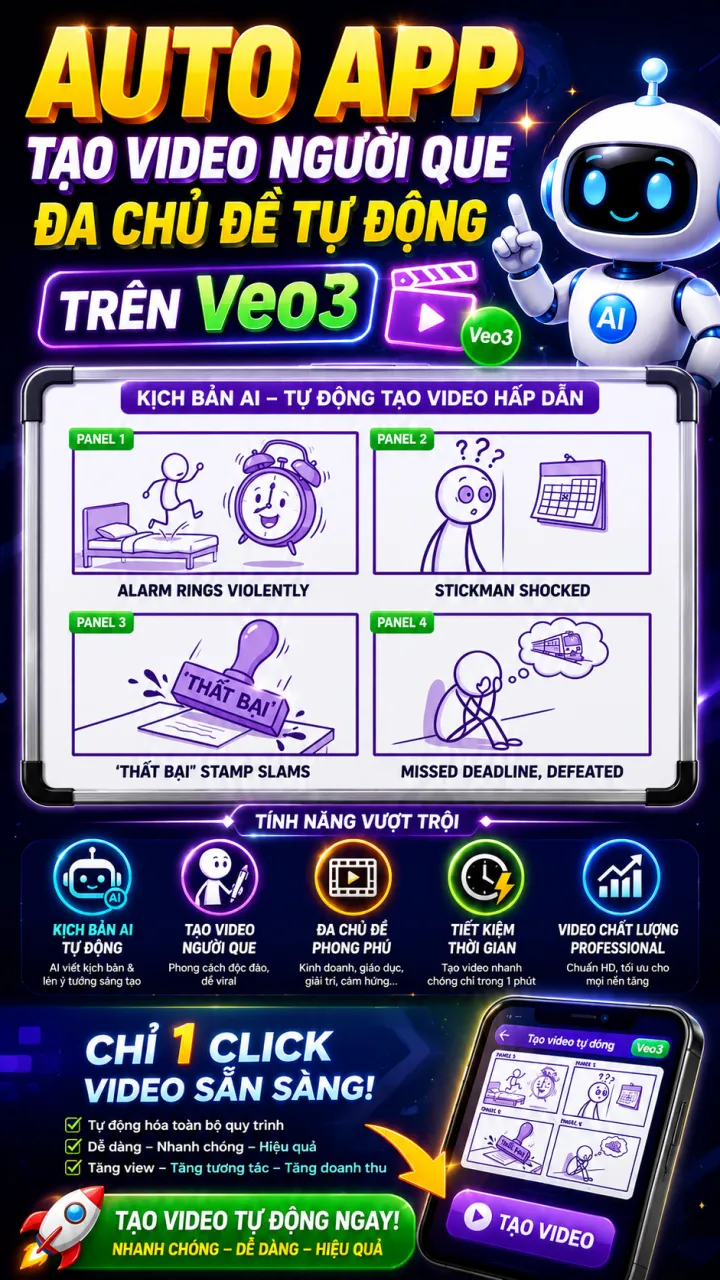 AUTO APP - Tạo Video Người Que Đa Chủ Đề Tự Động TRên Veo3