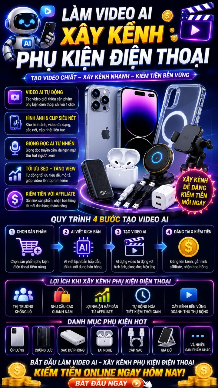 Mẫu Làm Video AI Xây Kênh Phụ Kiện Điện Thoại Làm Affiliate
