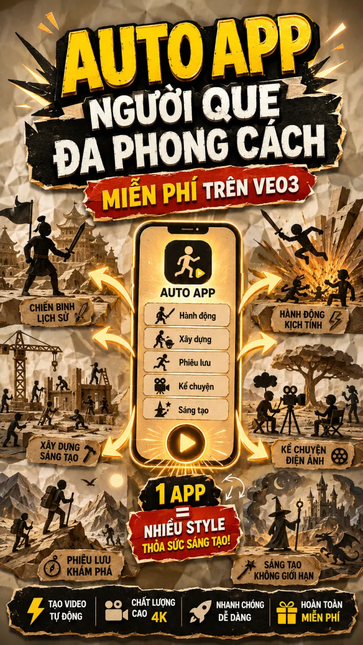 AUTO APP - tạo video bán sách người que đa phong cách miễn phí trên veo3