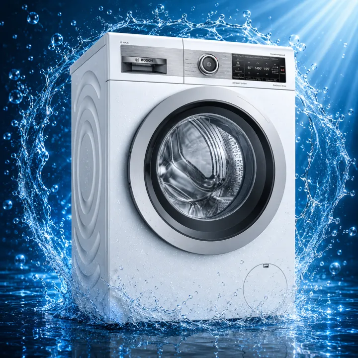 Tạo ảnh quảng cáo sản phẩm máy giặt trên nền nước phản chiếu kèm dải nước uốn lượn