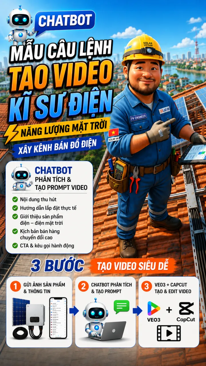 Mẫu câu lệnh (prompt) - Cách tạo video kĩ sư điện năng lượng mặt trời - xây kênh bán đồ điện